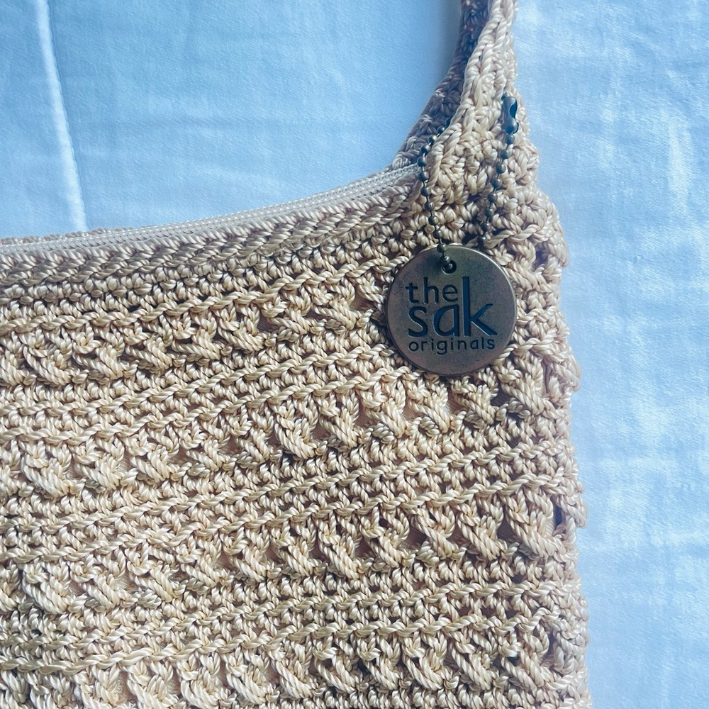 The Sak Crochet Knit Woven Boho Crossbody Shoulder Handbag Purse Ecru 10x10 - Picture 3 of 7